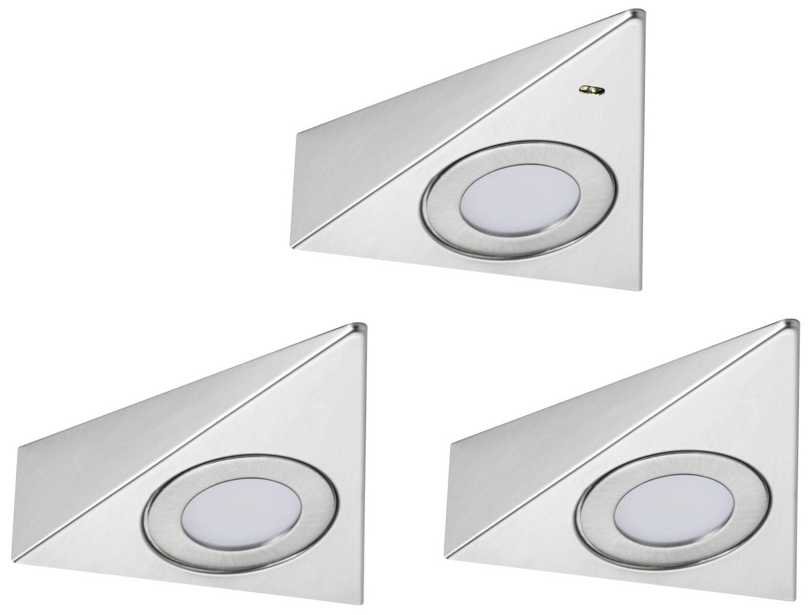Drei dreieckige LED-Unterbauleuchten aus Edelstahl mit zentralem runden Leuchtelement. Ideal für Küche oder Arbeitsflächenbeleuchtung.