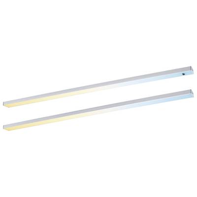 Zwei LED-Lichtleisten: oben mit warmem, gelbem Licht; unten mit kühlem, blauem Licht. Sie sind schlank und wandmontierbar.