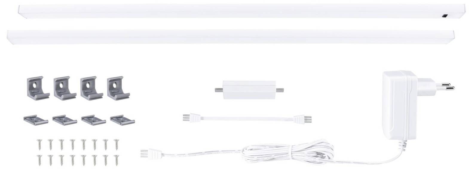 Lichtleisten-Set mit zwei LED-Leuchtstäben, Befestigungsklammern, Schrauben, Anschlusskabel und Netzadapter. Ideal zur Beleuchtung.