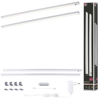 'LED-Lichtleiste Set', zeigt zwei lange LED-Streifen mit Zubehör wie Montagehalterungen, Netzteil und Kabel. Verpackung sichtbar.