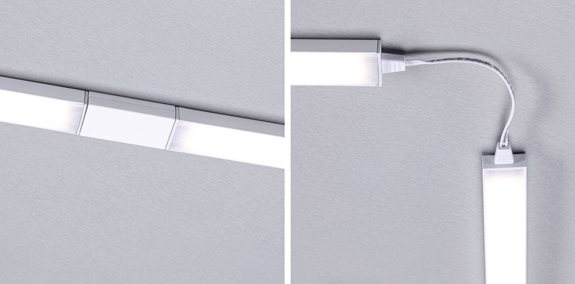 Zwei Bilder von LED-Lichtleisten, verbunden durch ein flexibles Kabel. Links: gerade Linie, Rechts: rechte Winkelverbindung.