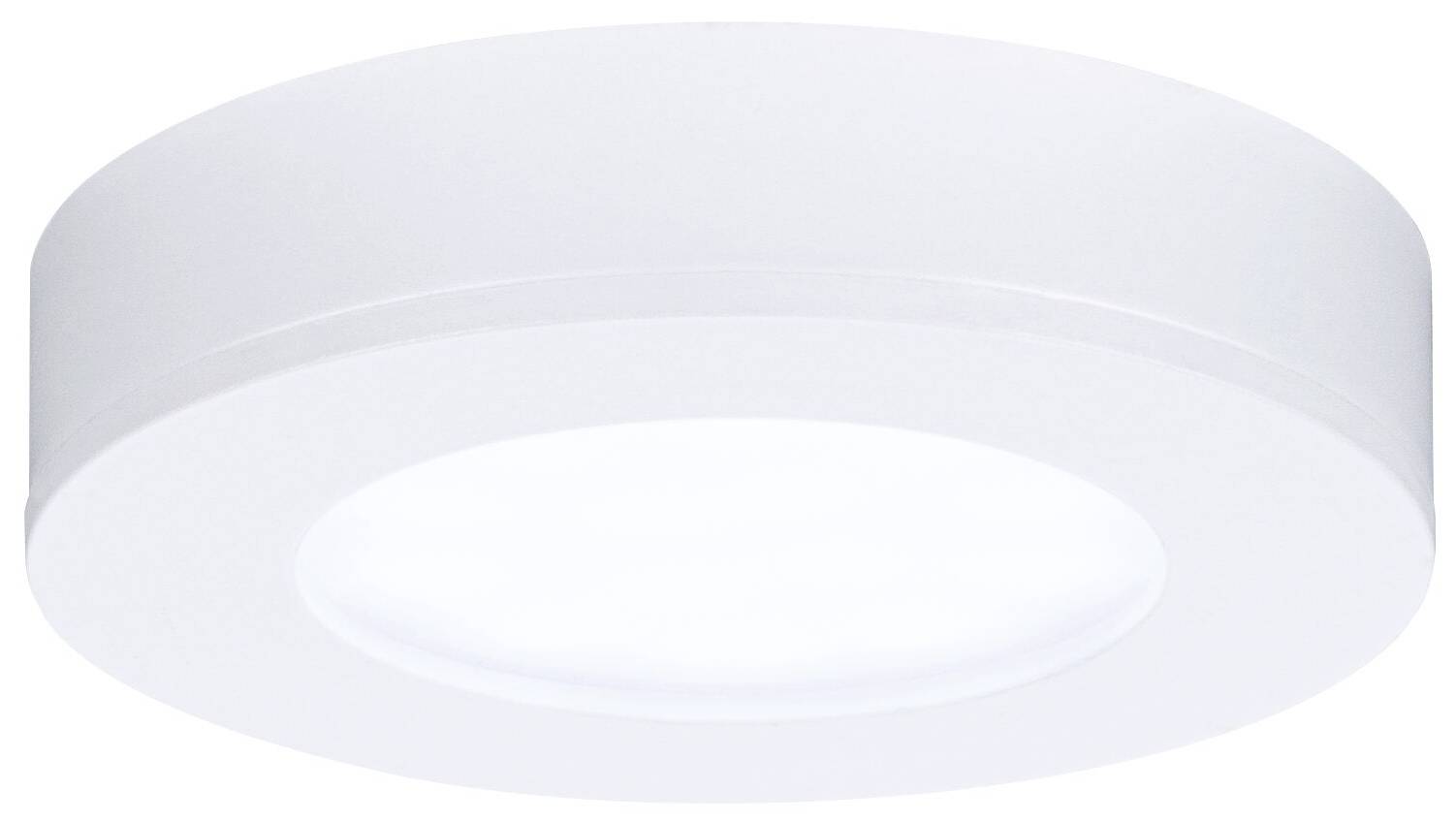 Weiße, runde LED-Deckenleuchte mit flachem Profil, strahlt gleichmäßiges Licht aus. Geeignet für moderne Innenräume.