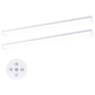 Zwei LED-Lichtleisten mit einer runden Fernbedienung. Die Fernbedienung hat vier Tasten für 'Ein', 'Aus' und Helligkeitseinstellungen.