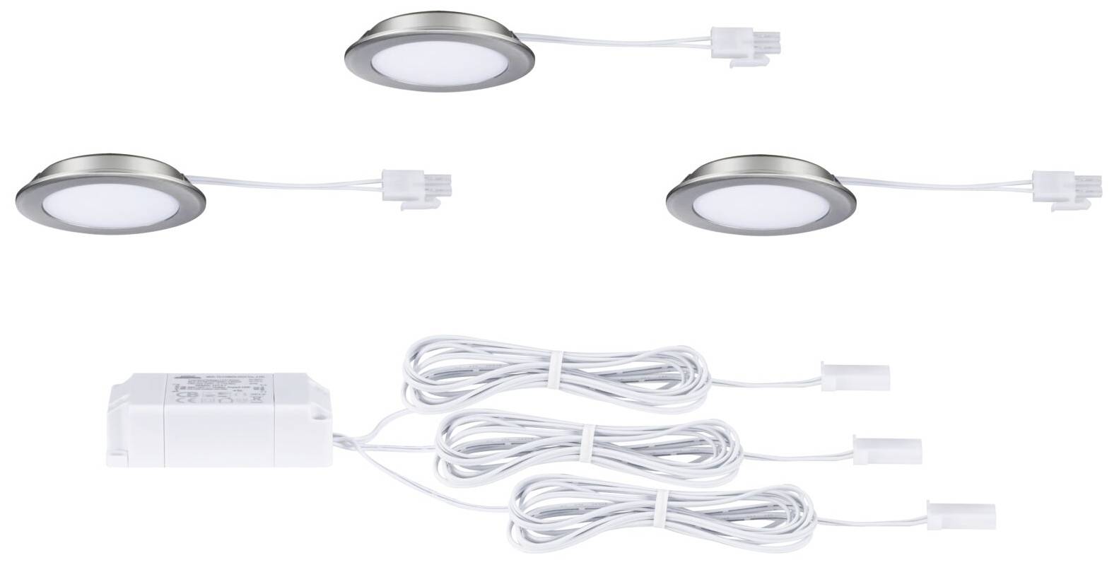 Set von drei LED-Unterbauleuchten in silberner Optik mit Kabel und Steckern, geeignet zur Montage unter Schränken oder Regalen.