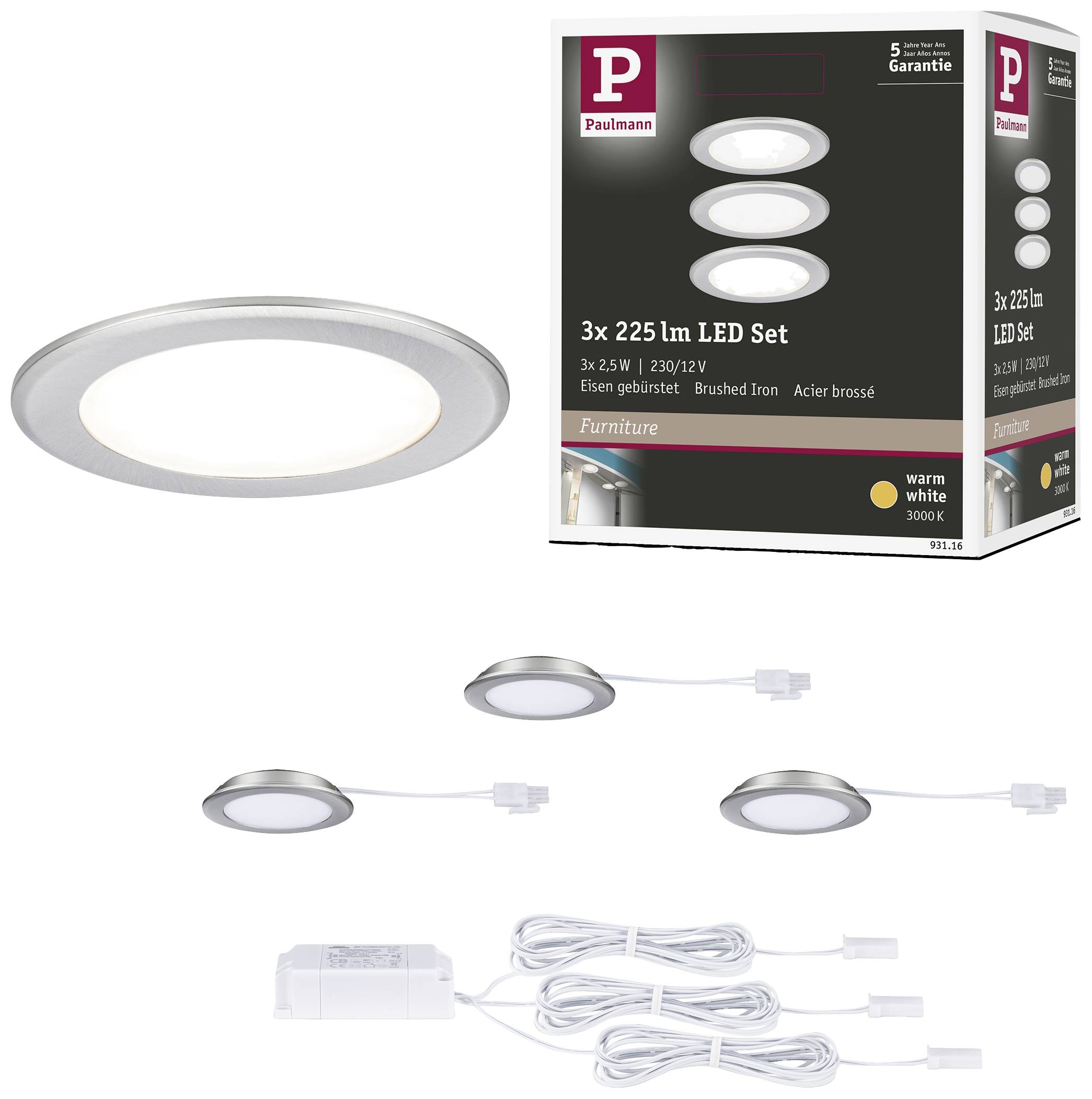 LED-Einbauleuchten-Set von Paulmann, 3x LED-Lampe, 225 Lumen, warmweiß, 3000K, in gebürstetem Eisen, mit Transformator und Anschlusskabel.