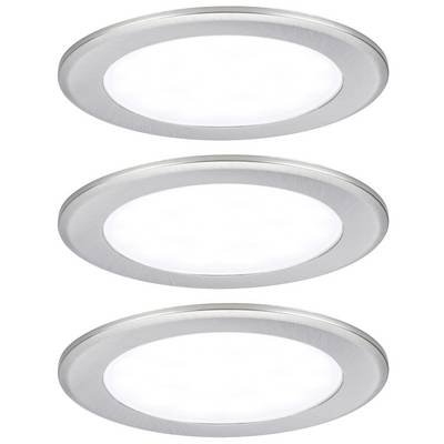 Drei runde, silberne Deckenleuchten mit flachem Design und leuchtenden LED-Panels. Ideal für moderne Raumbeleuchtung.