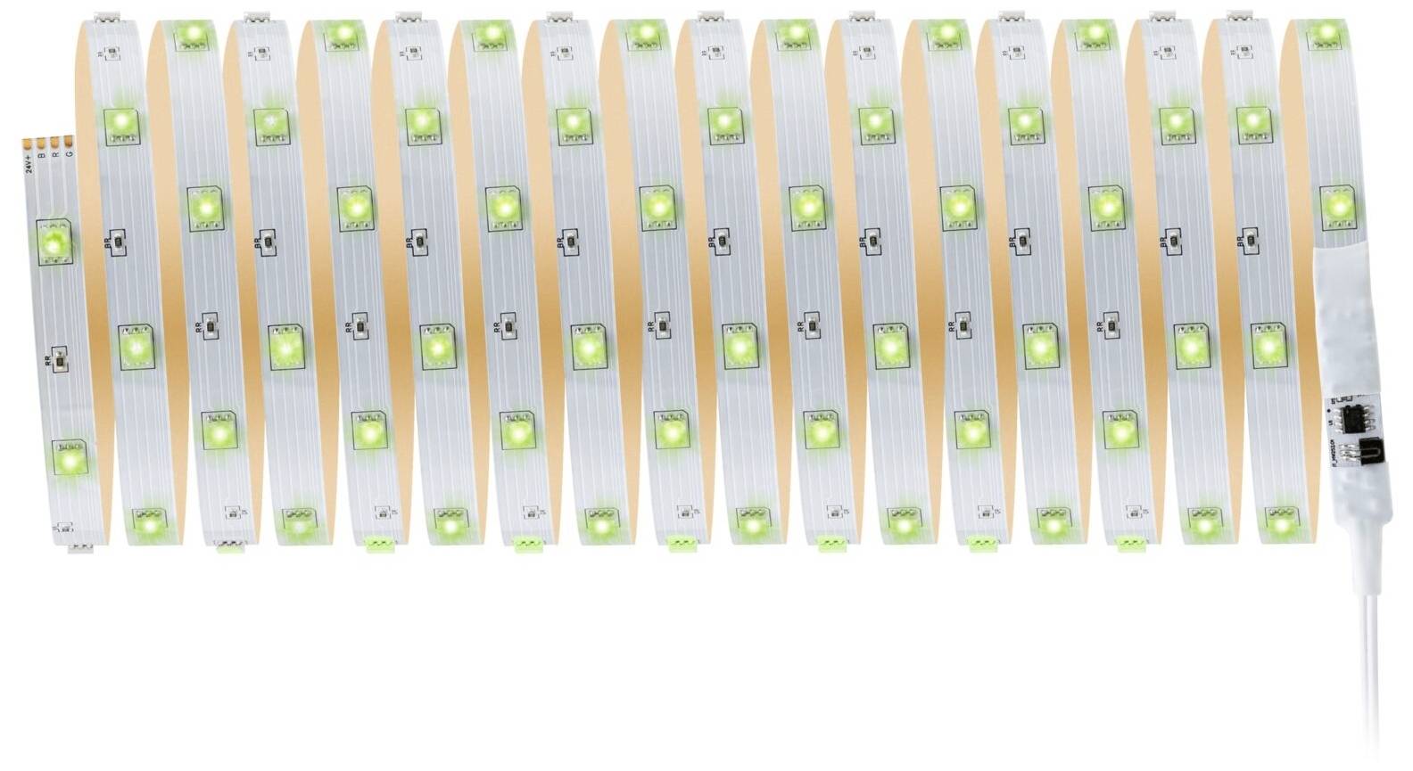 'LED-Lichtstreifen in weiß und grün, aufgerollt, mit Kabelanschluss rechts. Eignet sich zur Beleuchtung oder Dekoration.'