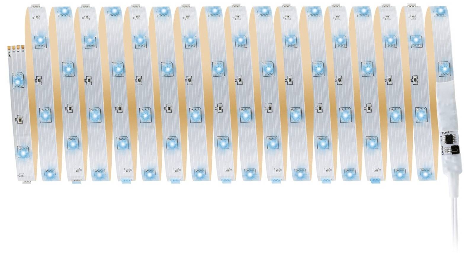 Ein LED-Lichtstreifen mit blauen und weißen LEDs in gleichmäßigen Abständen auf einem Kupferstreifen, bereit zum Einsatz.