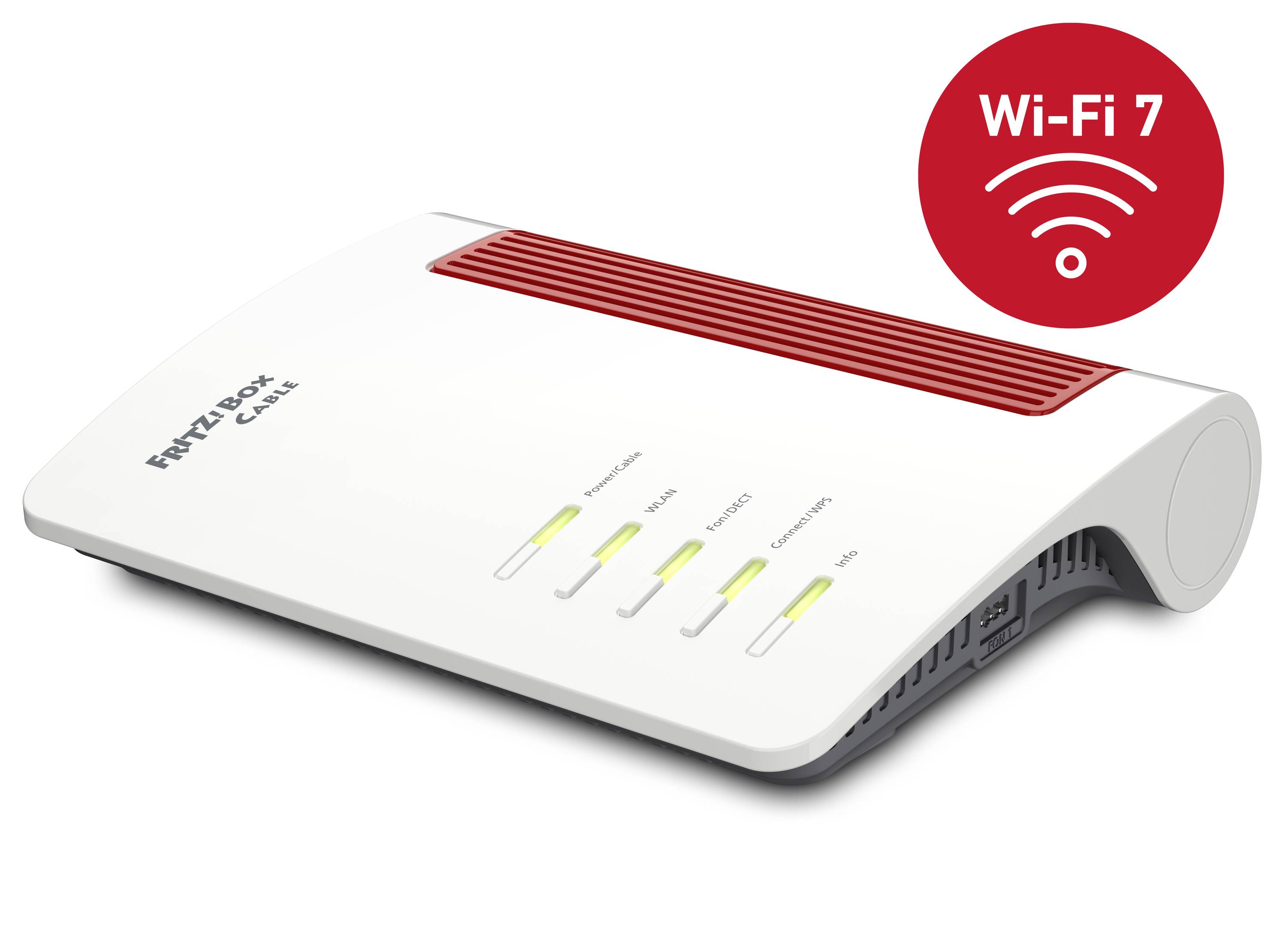 Ein weißer Router mit rotem Akzent, Modell 'FRITZ!Box Cable', zeigt LEDs für Power, Internet, Wi-Fi, Telefon, DECT. Rechts ein 'Wi-Fi 7'-Icon.
