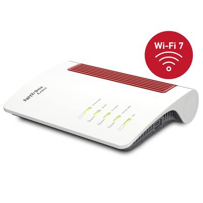 Ein weißer Router mit rotem Akzent, Modell 'FRITZ!Box Cable', zeigt LEDs für Power, Internet, Wi-Fi, Telefon, DECT. Rechts ein 'Wi-Fi 7'-Icon.