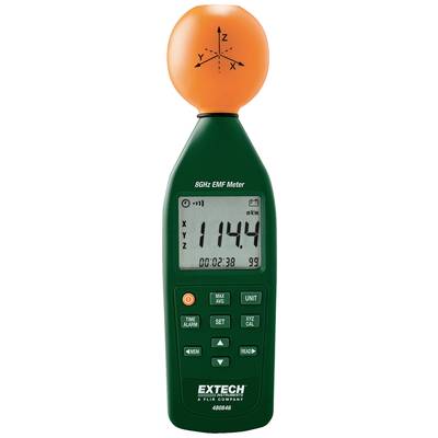 Ein grünes EMF-Messgerät für 8GHz zeigt einen Wert von 114,4 an. Oben ein oranges Sensor-Modul mit Achsenmarkierungen X, Y, Z.