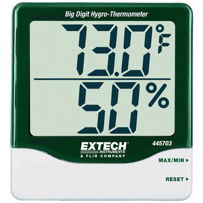 Digitales Hygro-Thermometer zeigt 73,0 Grad Fahrenheit und 50 % Luftfeuchtigkeit an. Oben: 'Big Digit Hygro-Thermometer'.