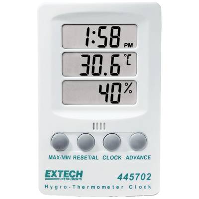 Digitales Thermometer mit Anzeige: 1:58 PM, 30,6 °C und 40 % Luftfeuchtigkeit. Darunter vier Tasten für Einstellungen.