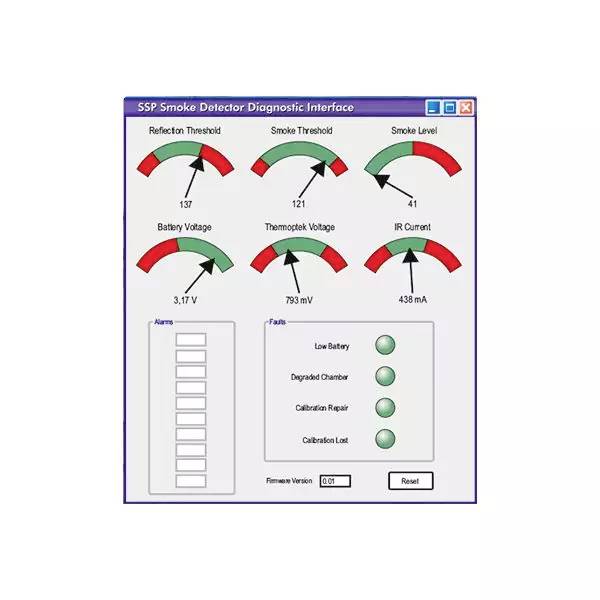 'SSP Smoke Detector Diagnostic Interface' mit Messanzeigen: Reflection Threshold 137, Smoke Threshold 121, Smoke Level 41. Weitere Werte: Battery Voltage 3,17V, Thermopile Voltage 793mV, IR Current 438mA. Anzeigen für Alarm und Fehler vorhanden.