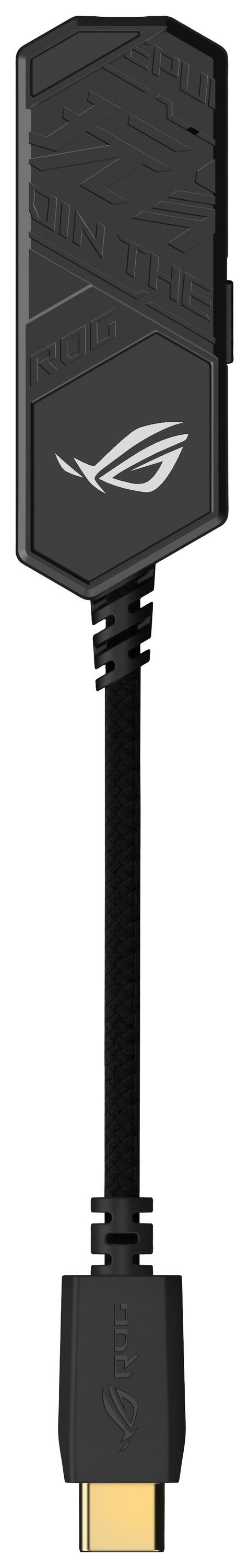 Schwarzer USB-Dongle mit Kabel, ROG-Logo auf der Oberfläche. Anschlüsse an beiden Enden dienen zur Verbindung mit Geräten.