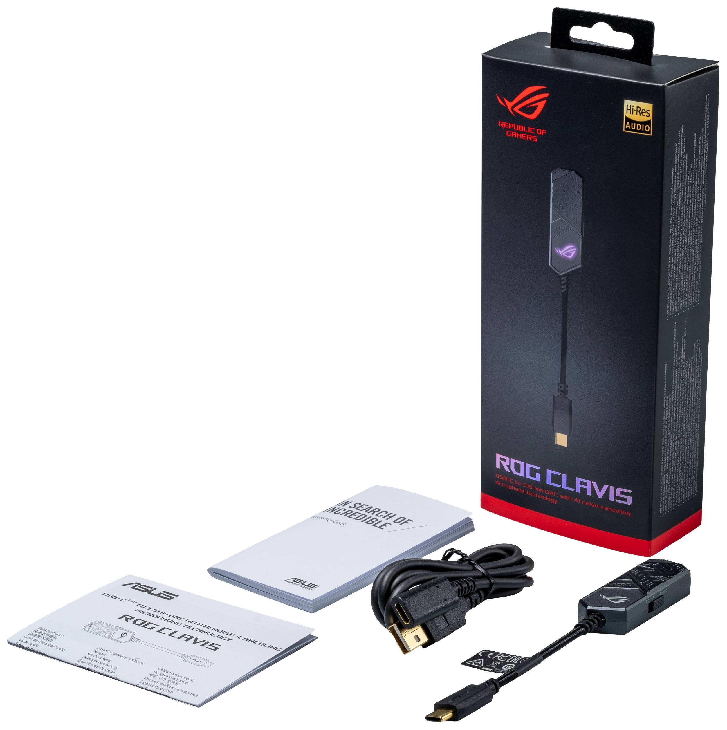 'ASUS ROG Clavis' USB-Digital-zu-Analog-Wandler, Kabel und Handbücher neben geöffneter Verpackung mit 'Hi-Res Audio'-Logo sichtbar.