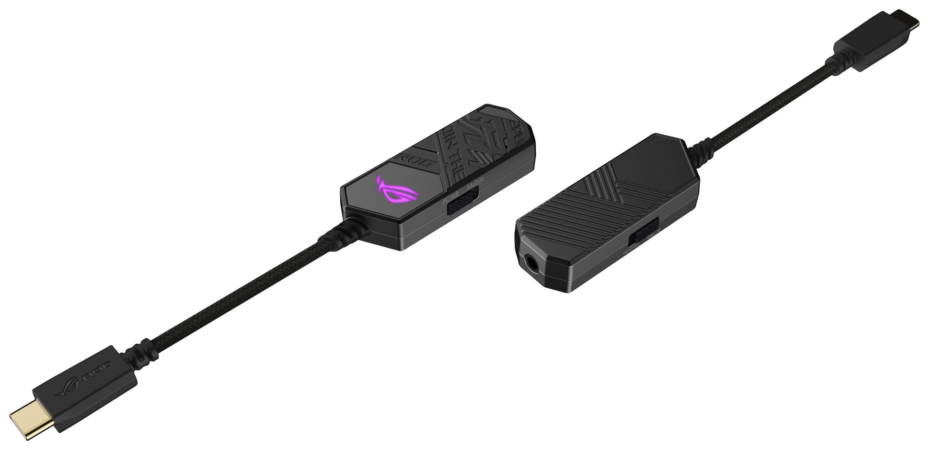 Zwei schwarze USB-C-Audioadapter, einer zeigt das ROG-Logo in Lila, verbunden durch ein Kabel.