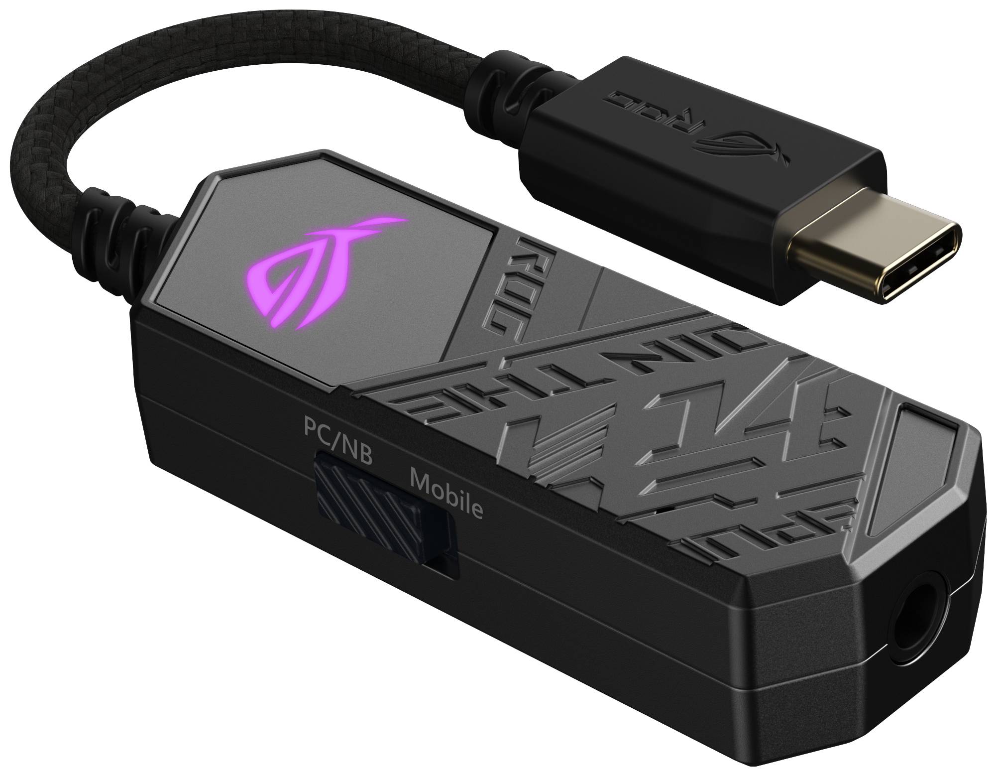 Ein USB-C-Audioadapter mit einem ROG-Logo, geeignet für PC und mobile Geräte, mit einem Umschalter für unterschiedliche Betriebsmodi.