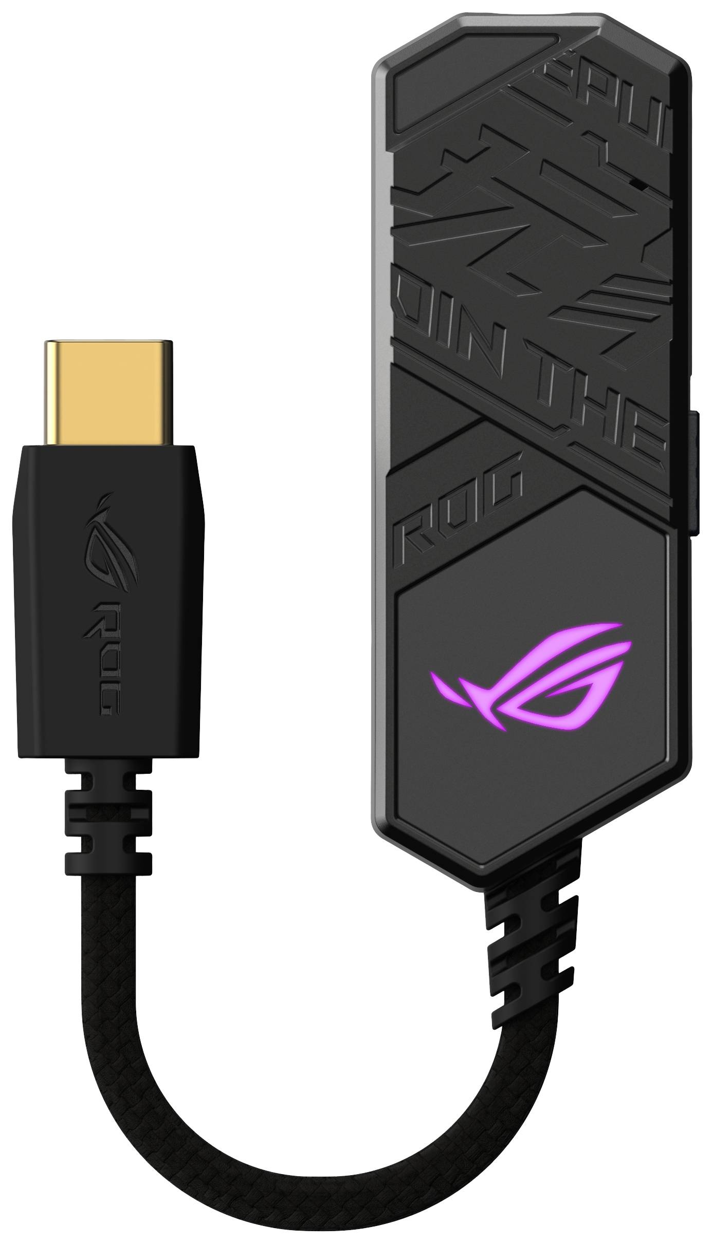 'Schwarzer USB-C-Stecker mit beleuchtetem rosa Logo und Text. Er ist am Kabel befestigt und hat ein modernes, geometrisches Design.'