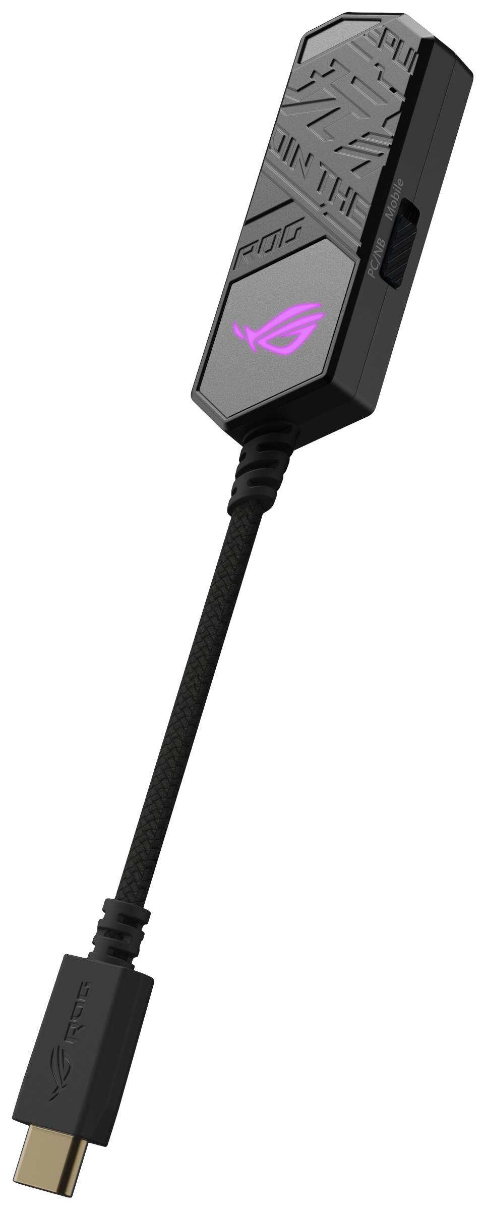 Ein schwarzer USB-C-Adapter mit einem leuchtenden Logo und Kabel.
