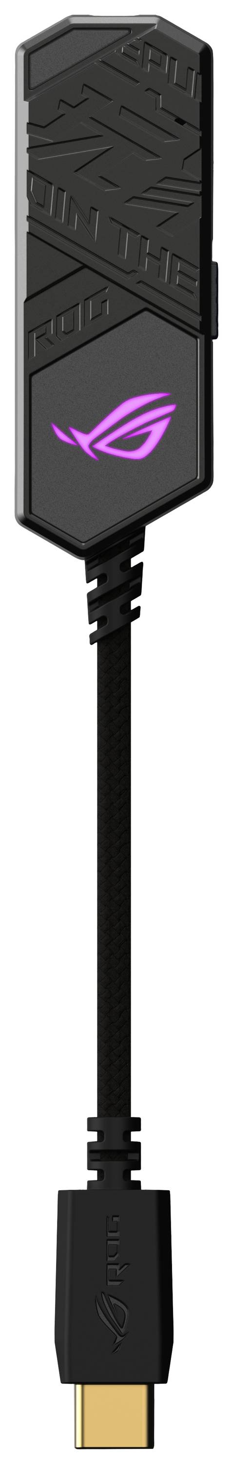 USB-Adapter mit schwarzem Gehäuse und lila ROG-Logo in der Mitte, verbunden mit einem kurzen Kabel und einem USB-Stecker am Ende.