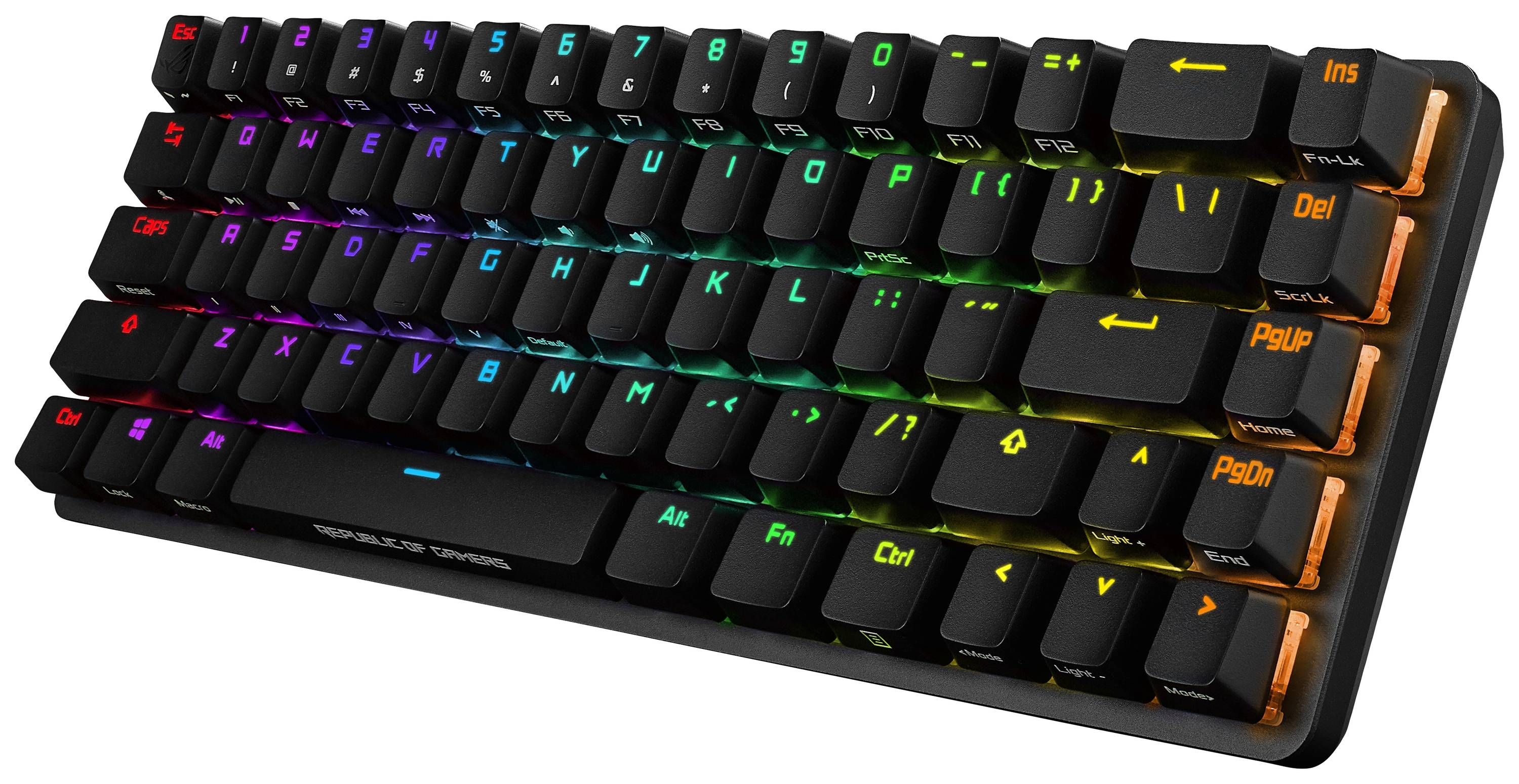 Mechanische Gaming-Tastatur mit beleuchteten Tasten in verschiedenen Farben. Kleinformat mit speziellen Pfeil- und Steuertasten.