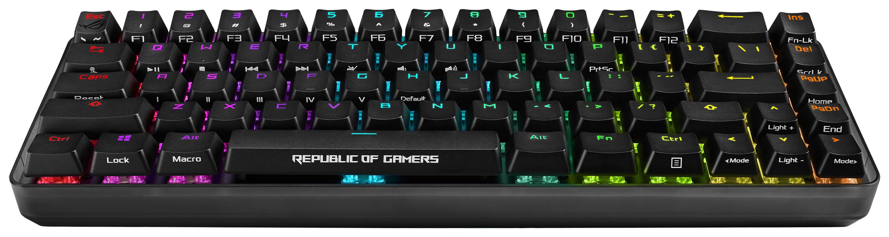 Eine kompakte Gaming-Tastatur mit RGB-Beleuchtung, schwarzen Tasten und Beschriftungen. Markierung: 'Republic of Gamers'.