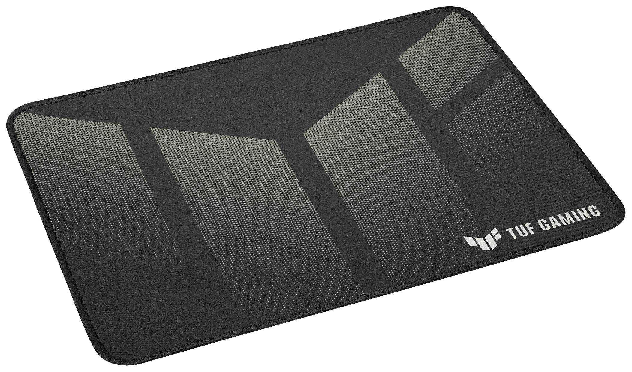Schwarzes Mauspad mit gestreiftem Design in der Mitte und dem weißen Logo von 'TUF GAMING' in der Ecke unten rechts.