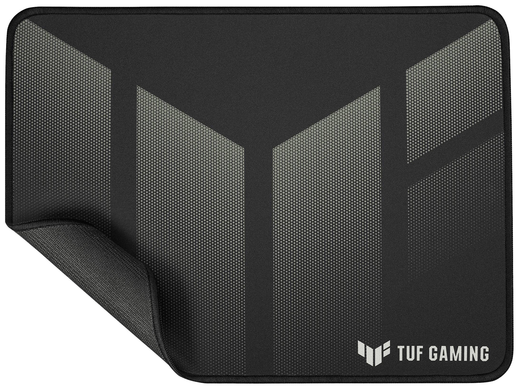 Schwarzes Gaming-Mauspad mit grau gestreiftem Design und Aufschrift 'TUF Gaming' rechts unten. Ecken sind abgerundet.