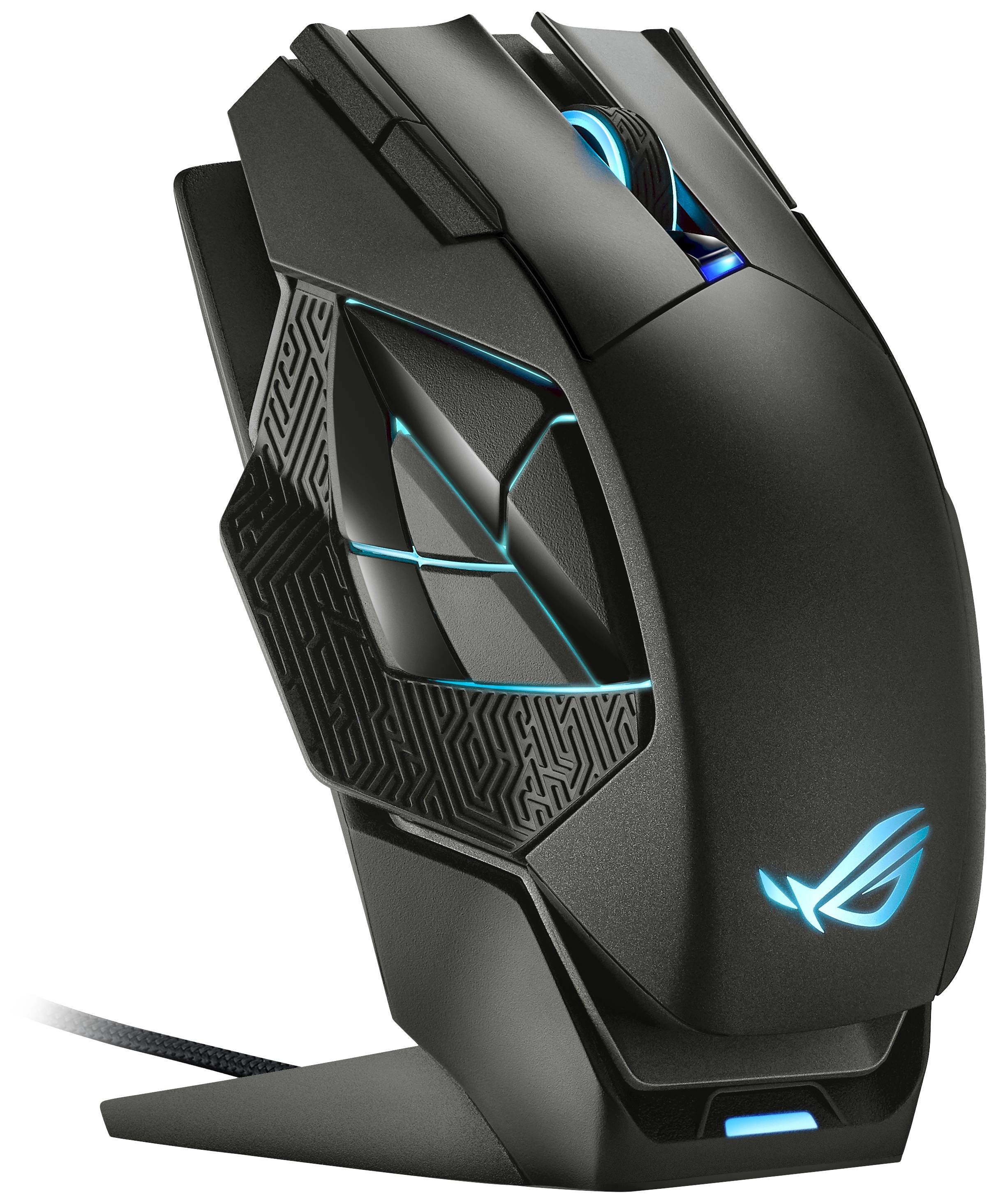 Eine schwarze Gaming-Maus mit leuchtenden blauen Akzenten und einem Kabel, stehend auf einem kleinen Sockel.