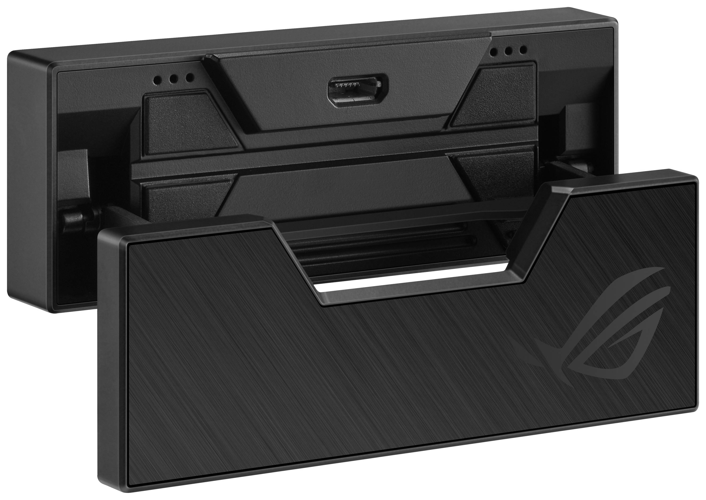 Schwarzes elektronisches Gerät mit einem USB-Anschluss, möglicherweise ein Dock oder eine Ladestation.
