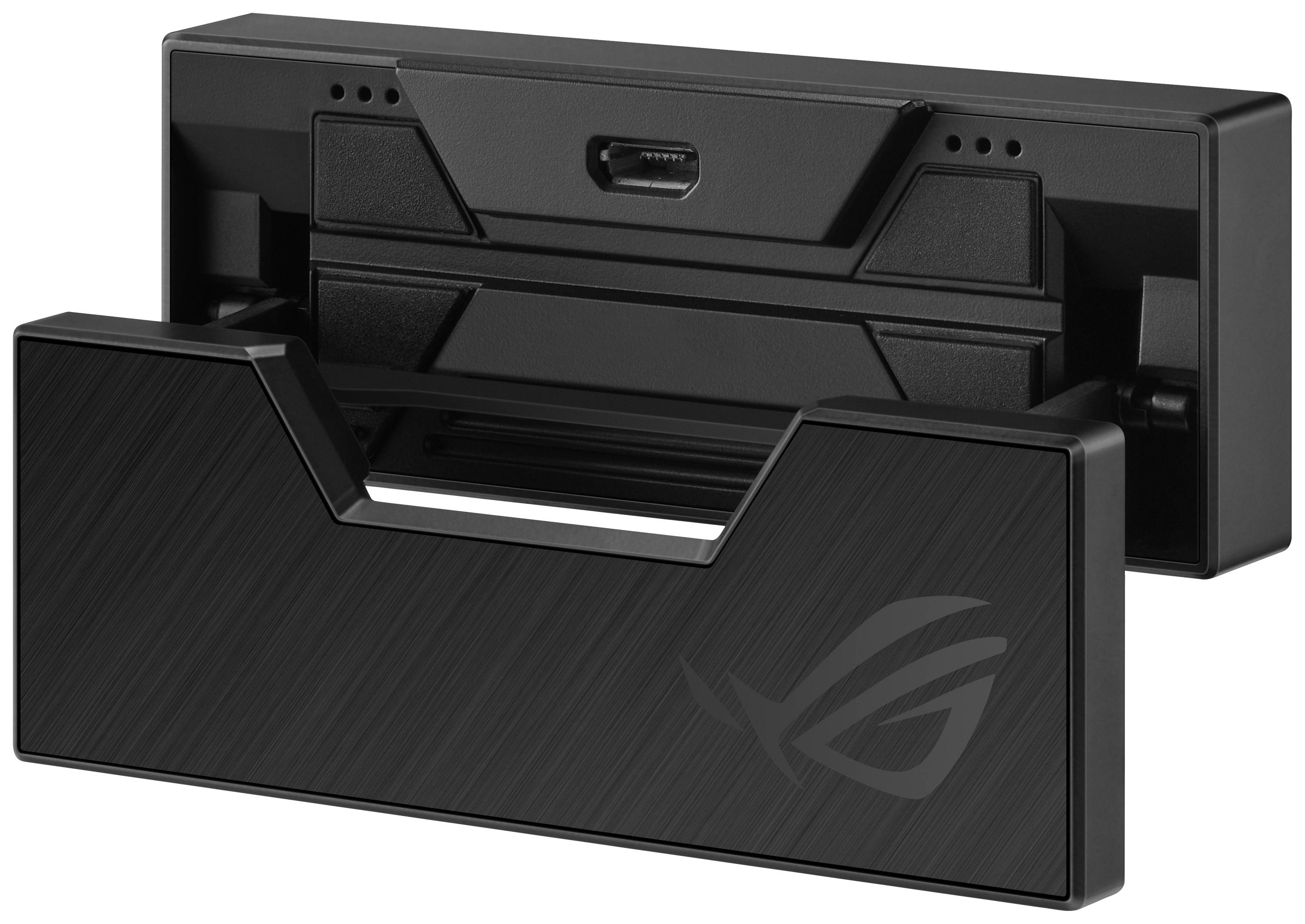 Ein schwarzer USB-C-Dock mit zwei USB-Ports und einem HDMI-Port. Ein Logo ist auf der Vorderseite sichtbar.
