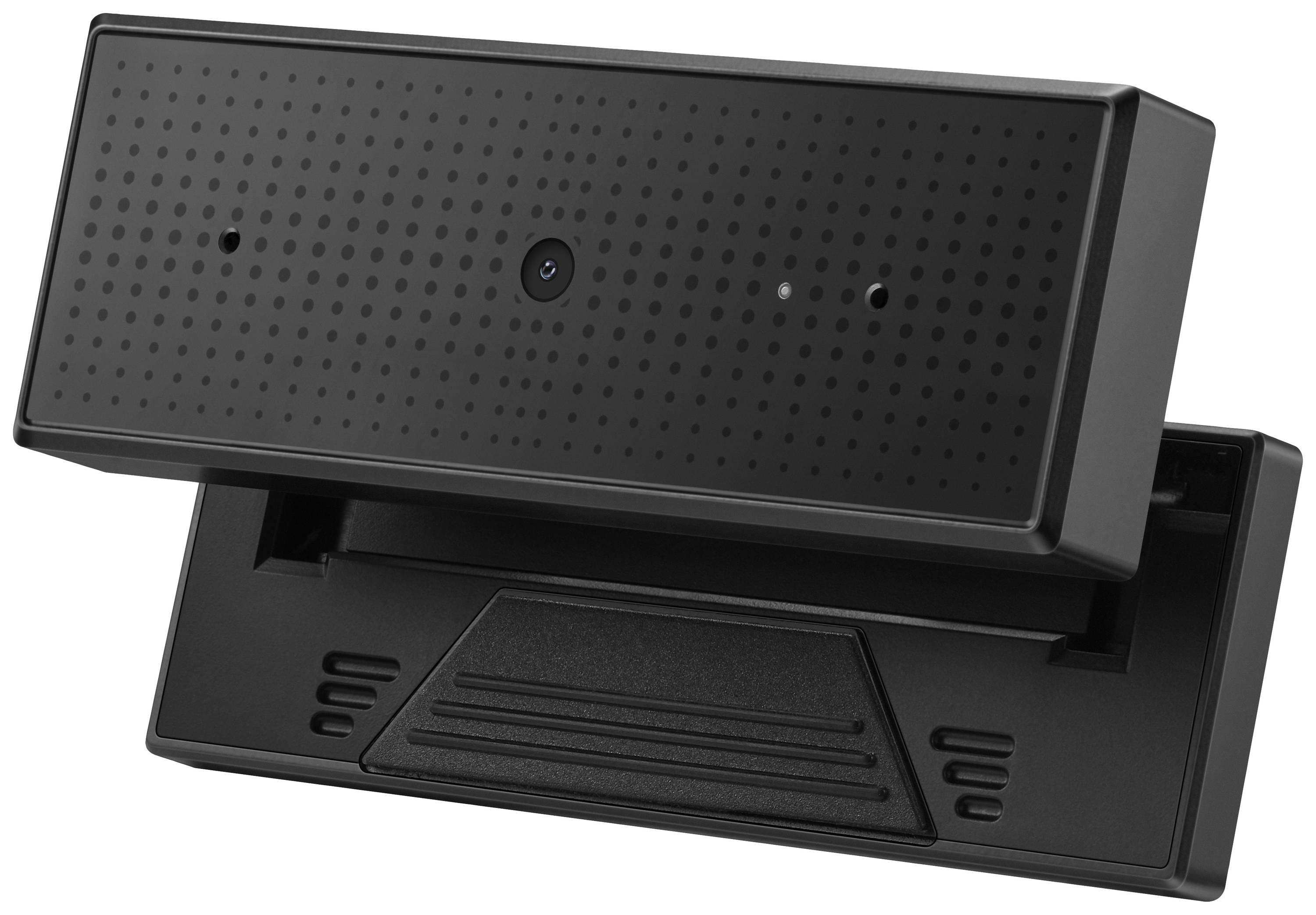 Eine schwarze Webcam mit rechteckigem Design, zentraler Linse und mehreren kleinen Löchern, auf einem beweglichen Standfuß montiert.