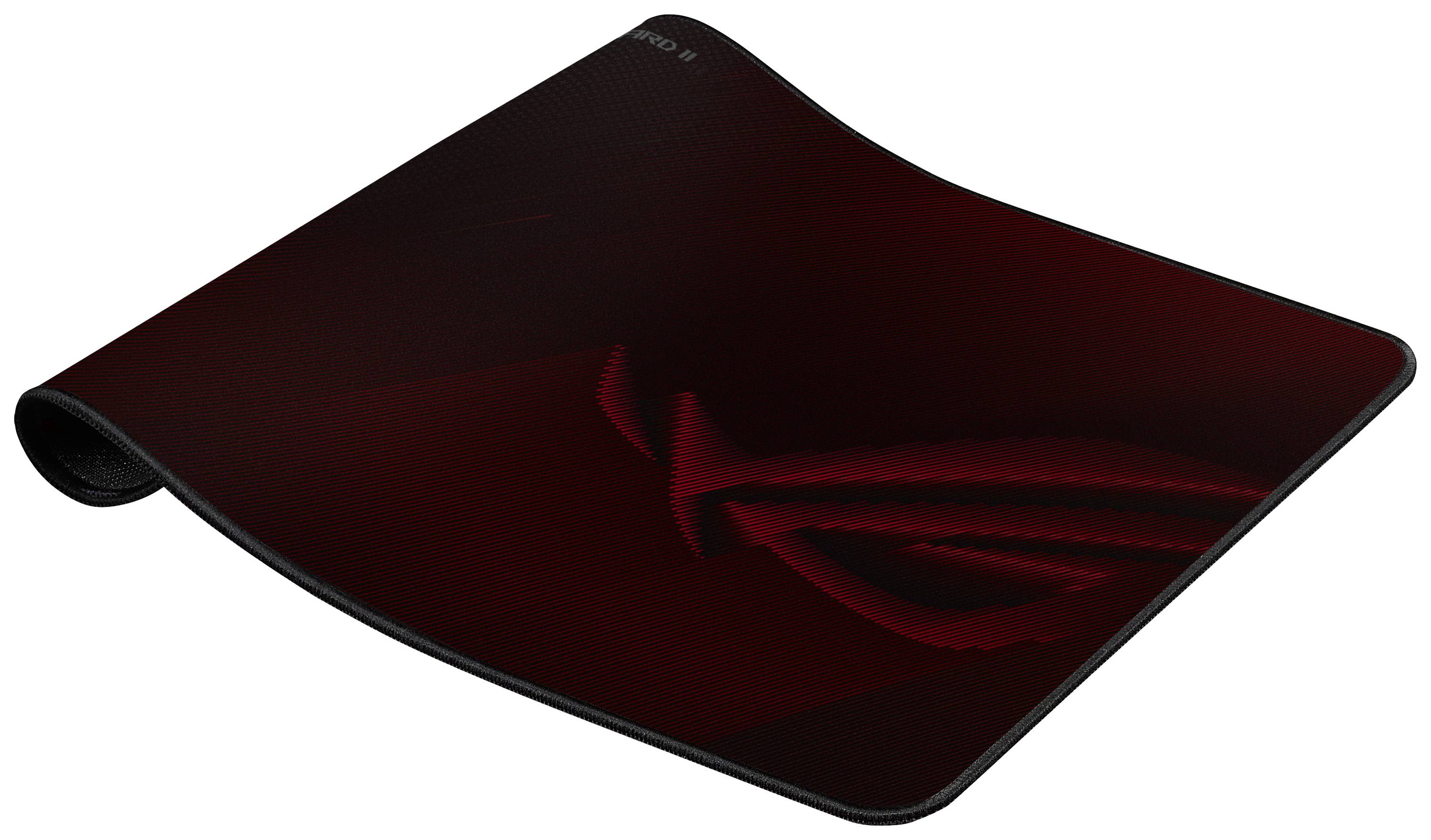 Ein rotes, leicht gebogenes Mauspad mit abgerundeten Ecken und dunklen Schattierungen liegt auf einer ebenen Fläche.