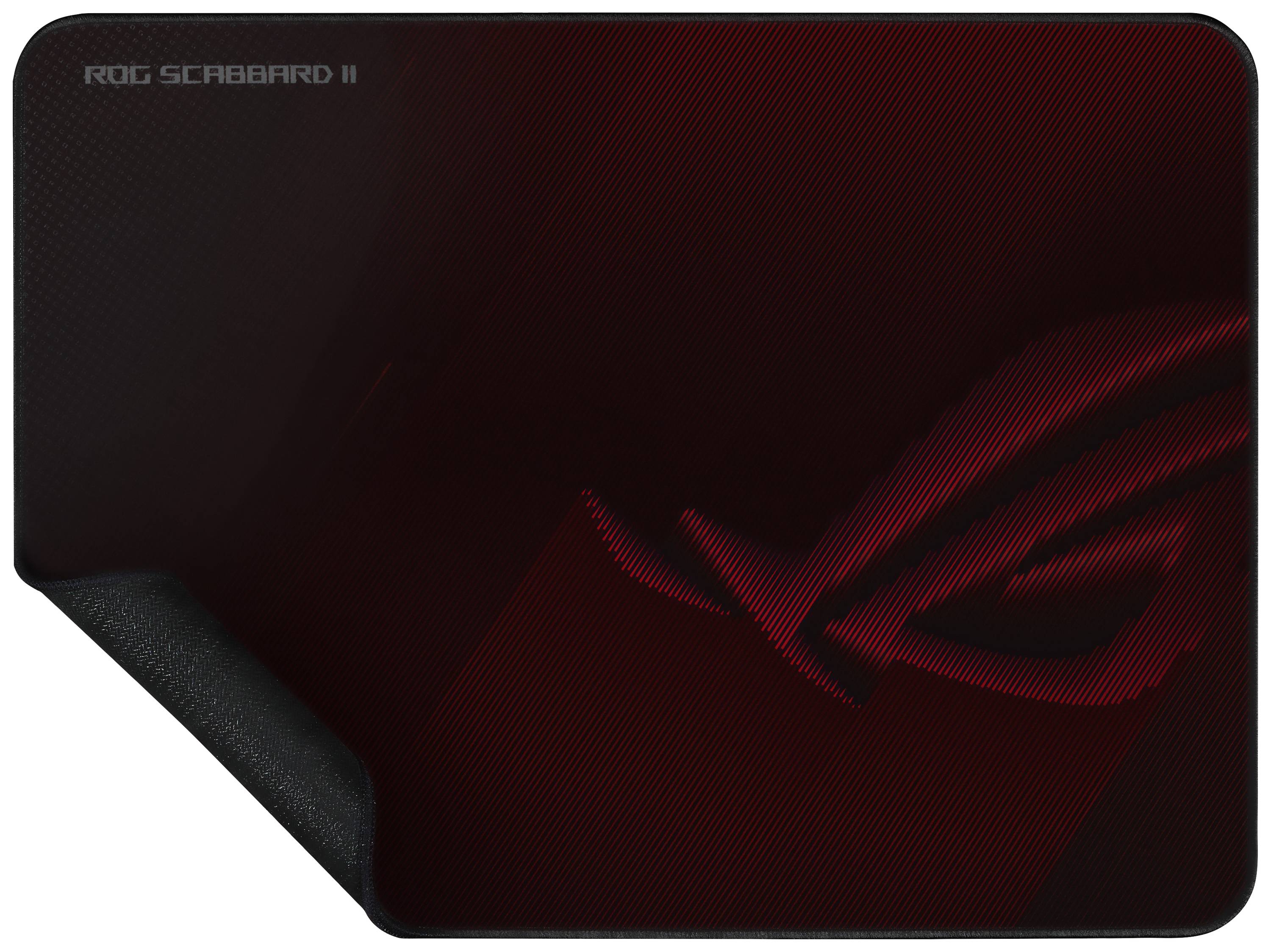 Ein schwarzes Mousepad mit abgerundeten Ecken und einem roten Logo auf der rechten Seite. In der Ecke steht 'ROG Scabbard II'.