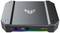Schwarze externe Soundkarte von Asus mit TUF Gaming-Logo und Anschlüssen für Kopfhörer und Mikrofon, umgeben von RGB-Licht.