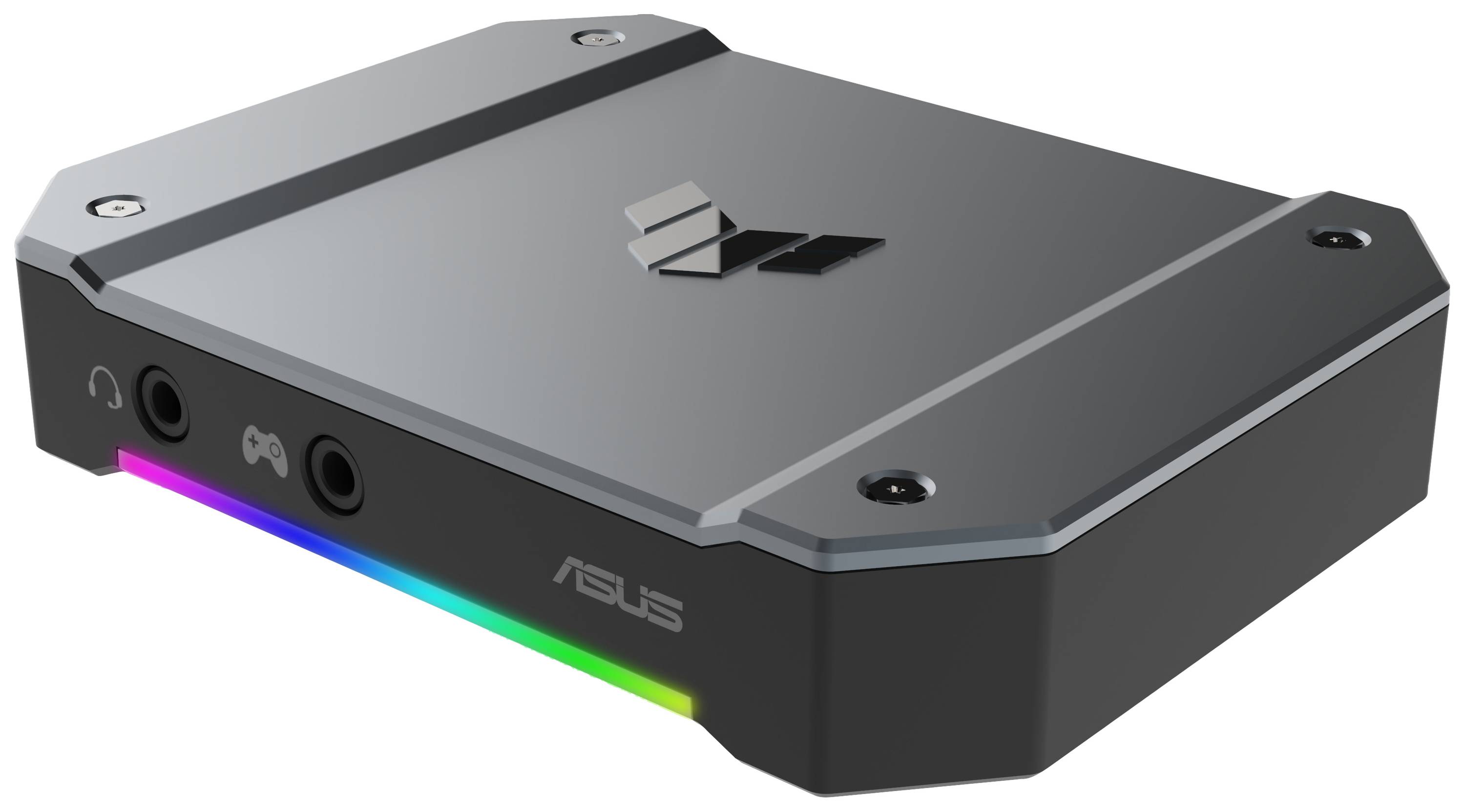 Ein kompakter, rechteckiger schwarzer Gaming-PC mit RGB-Beleuchtung an der Unterkante und Anschlüssen an der Vorderseite.