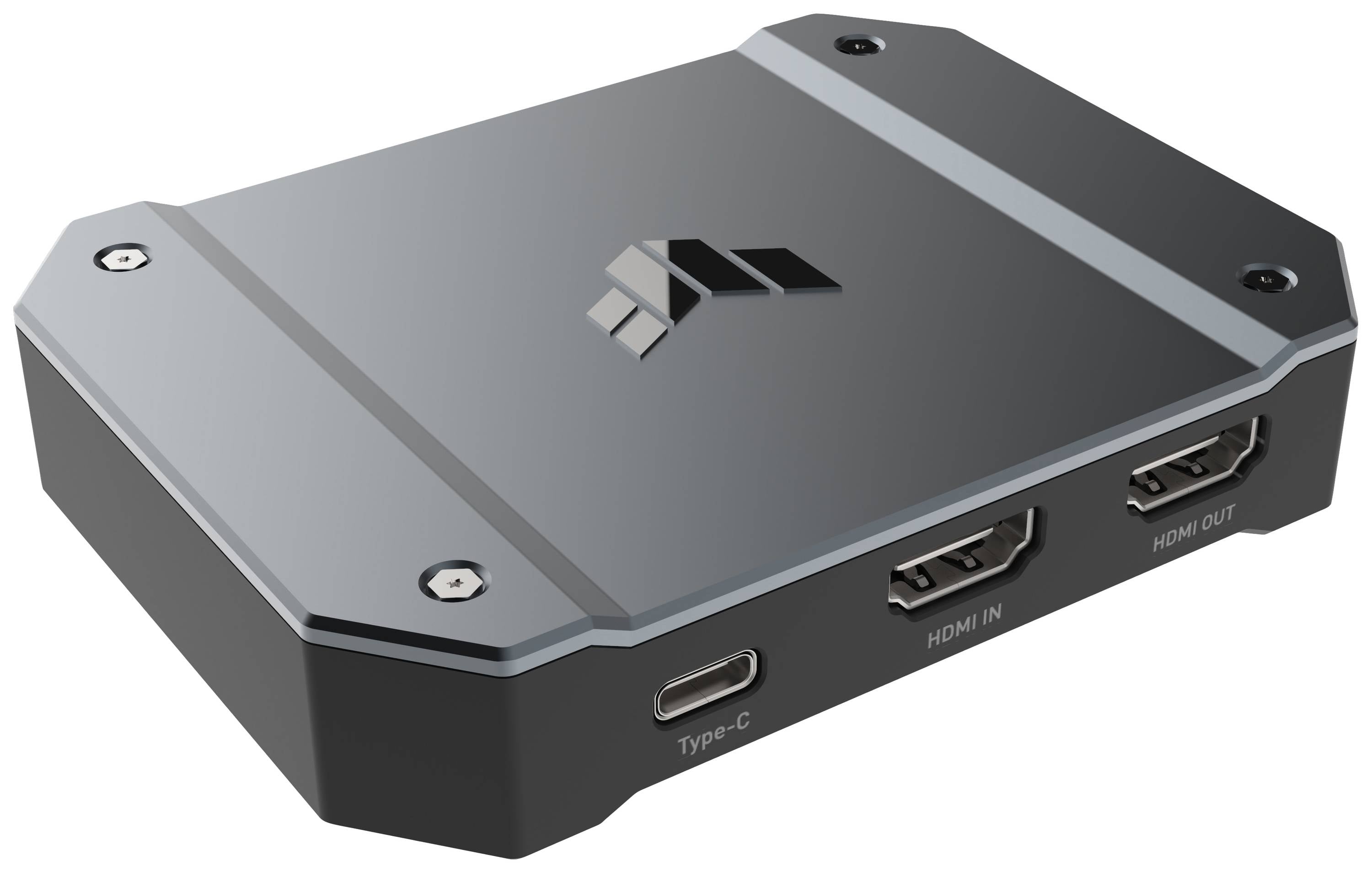 Ein schwarzes kleines Gerät mit Anschlüssen: USB-C, HDMI-Eingang und HDMI-Ausgang. Die Oberfläche zeigt ein stilisiertes Logo.