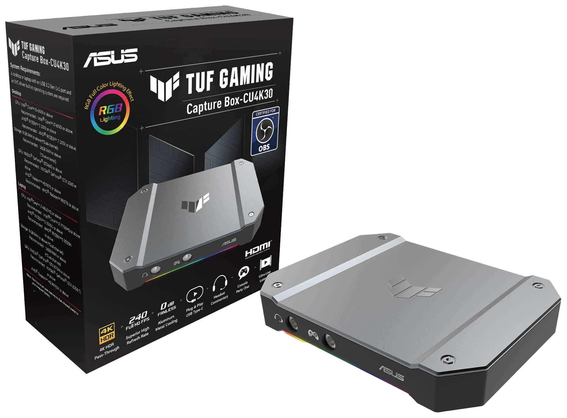 Eine Asus TUF Gaming Capture Box liegt neben ihrer Verpackung. Die Box unterstützt HDMI und OBS, mit RGB-Leuchten und 4K-Auflösung.
