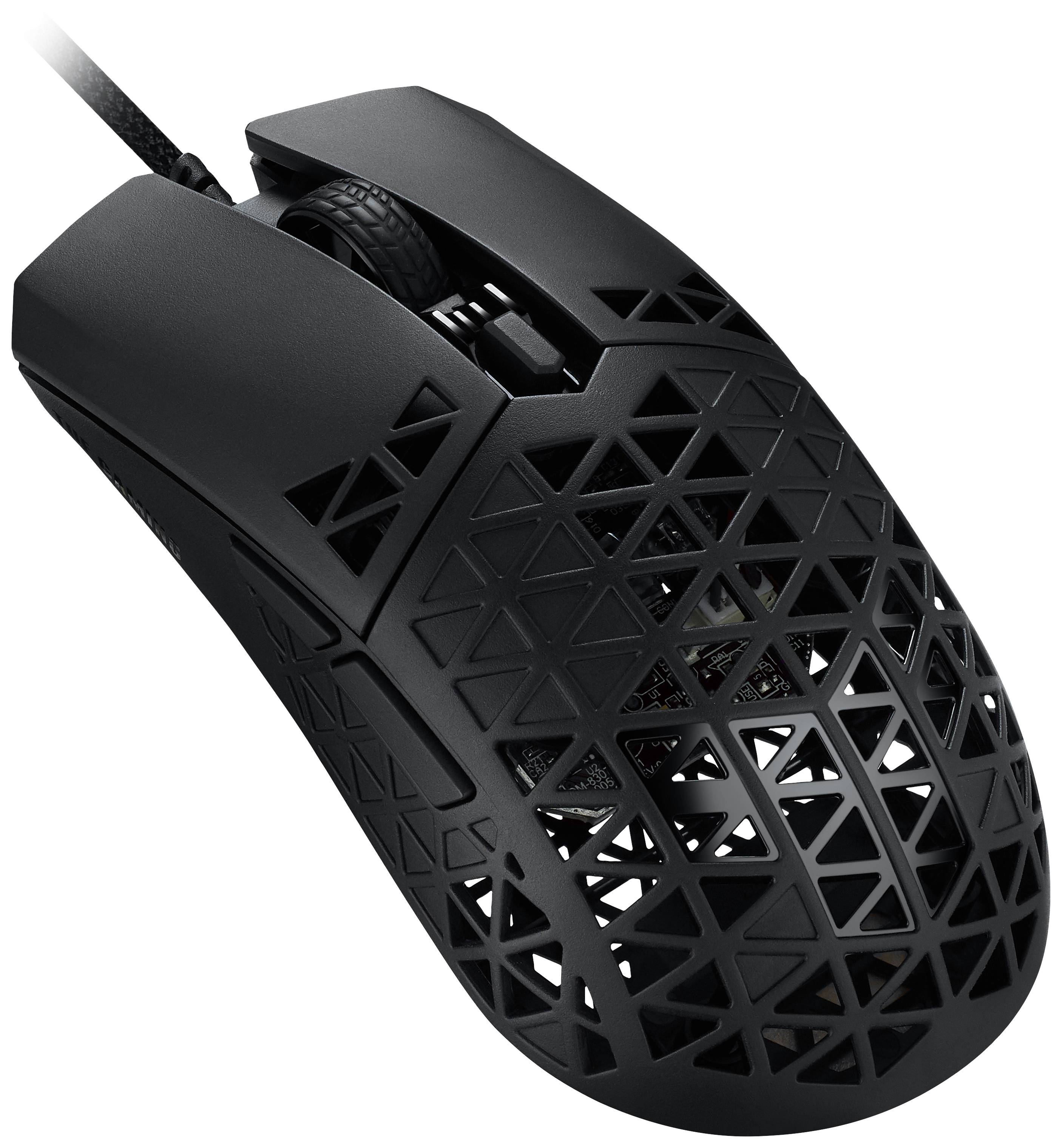 Eine schwarze Computermaus mit geometrischem, durchbrochenem Design, das ein leichtes und modernes Aussehen bietet.