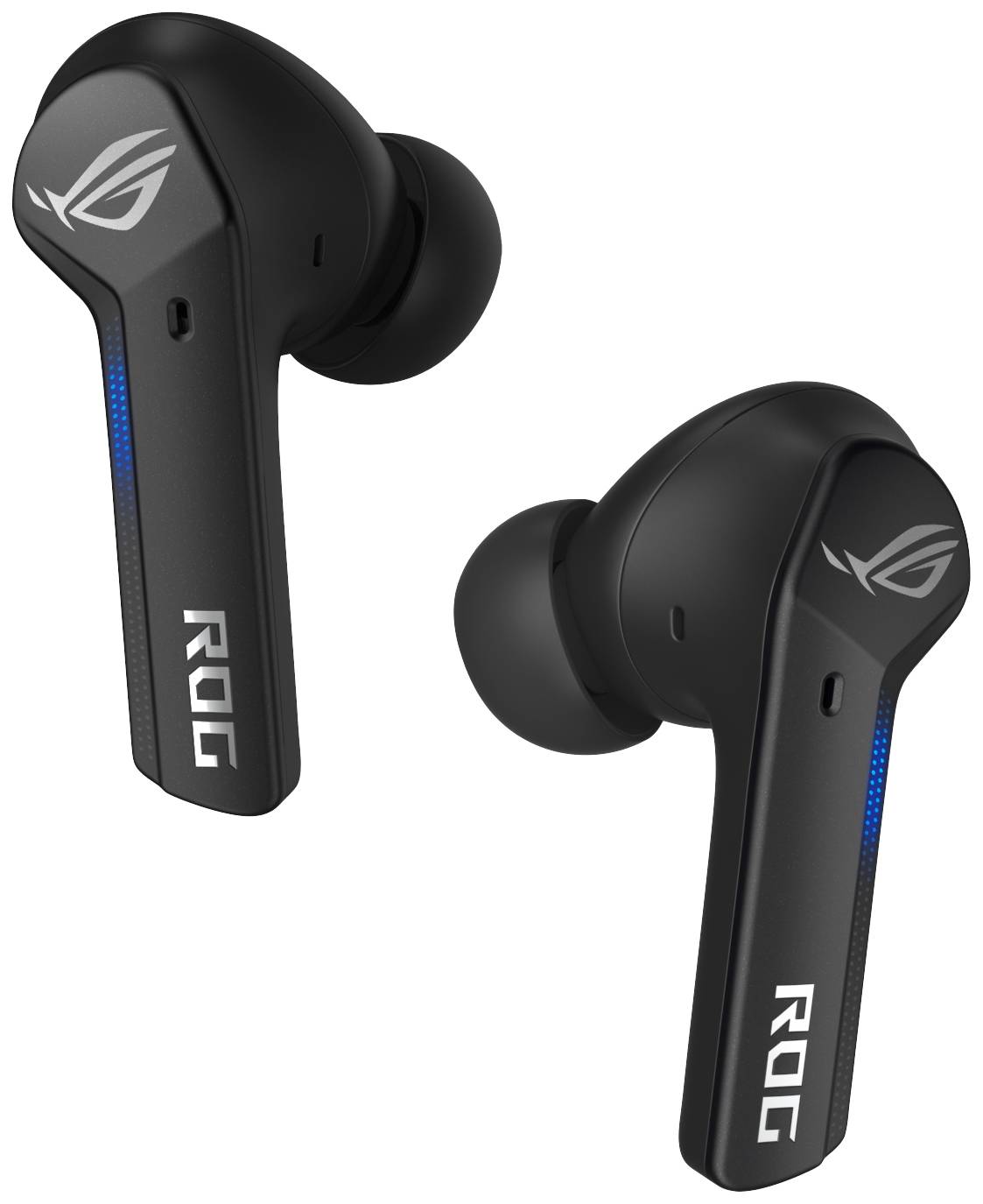 Schwarze kabellose In-Ear-Kopfhörer mit ROG-Logo, ergonomischem Design und blauen LED-Leuchten, geeignet für Gaming und Musik.