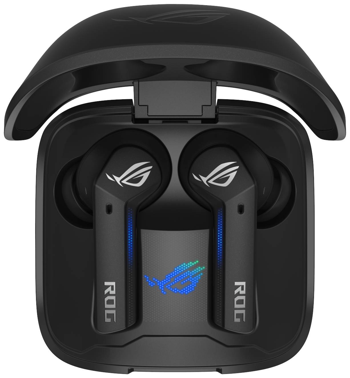 Schwarze kabellose In-Ear-Kopfhörer in einer offenen Ladebox, mit dem ROG-Logo auf beiden Ohrhörern und der Box.