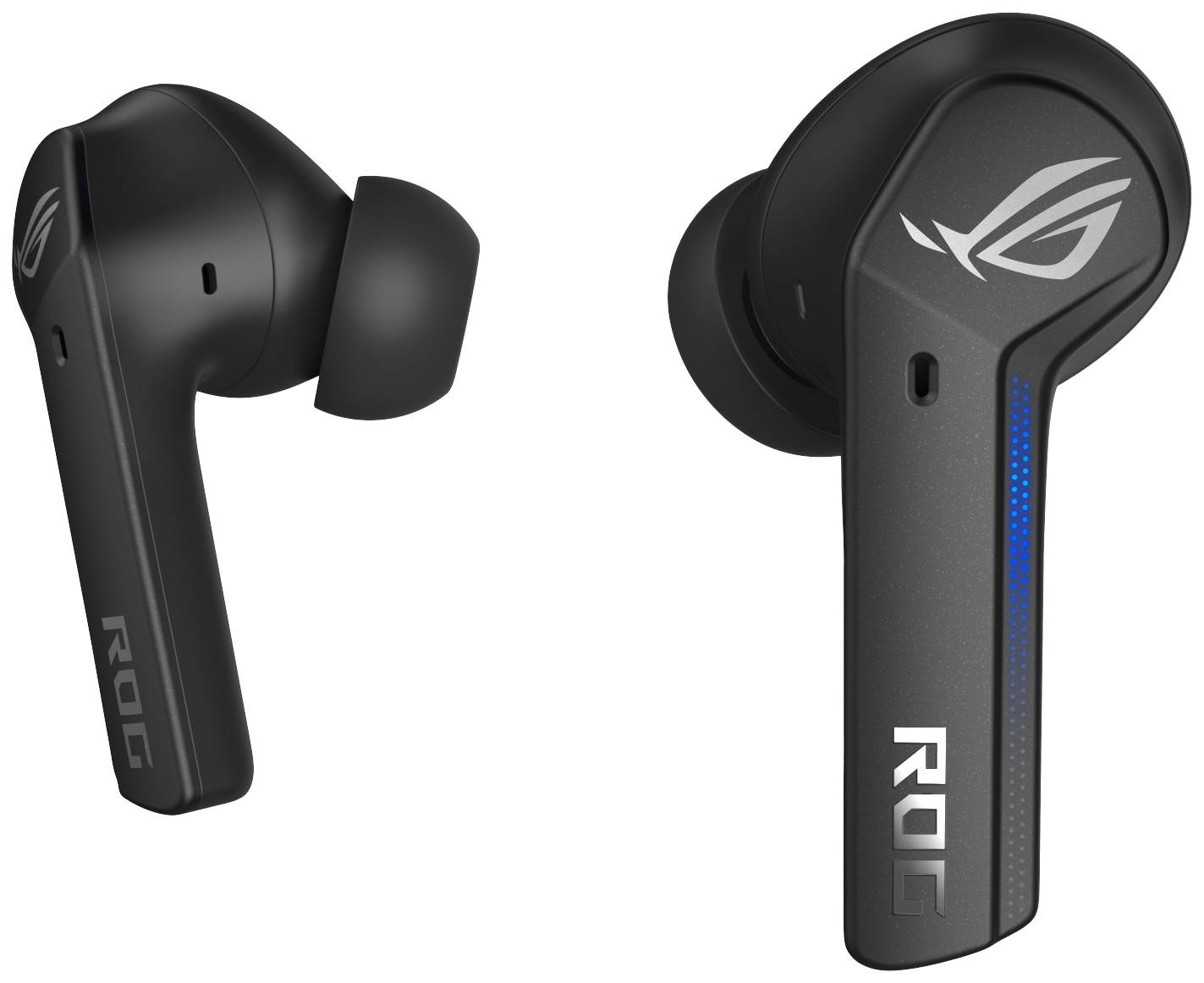 Schwarze drahtlose Gaming-Kopfhörer mit dem Logo eines stilisierten Auges. Sie haben ein modernes Design und blaue LED-Leuchten auf der Seite.