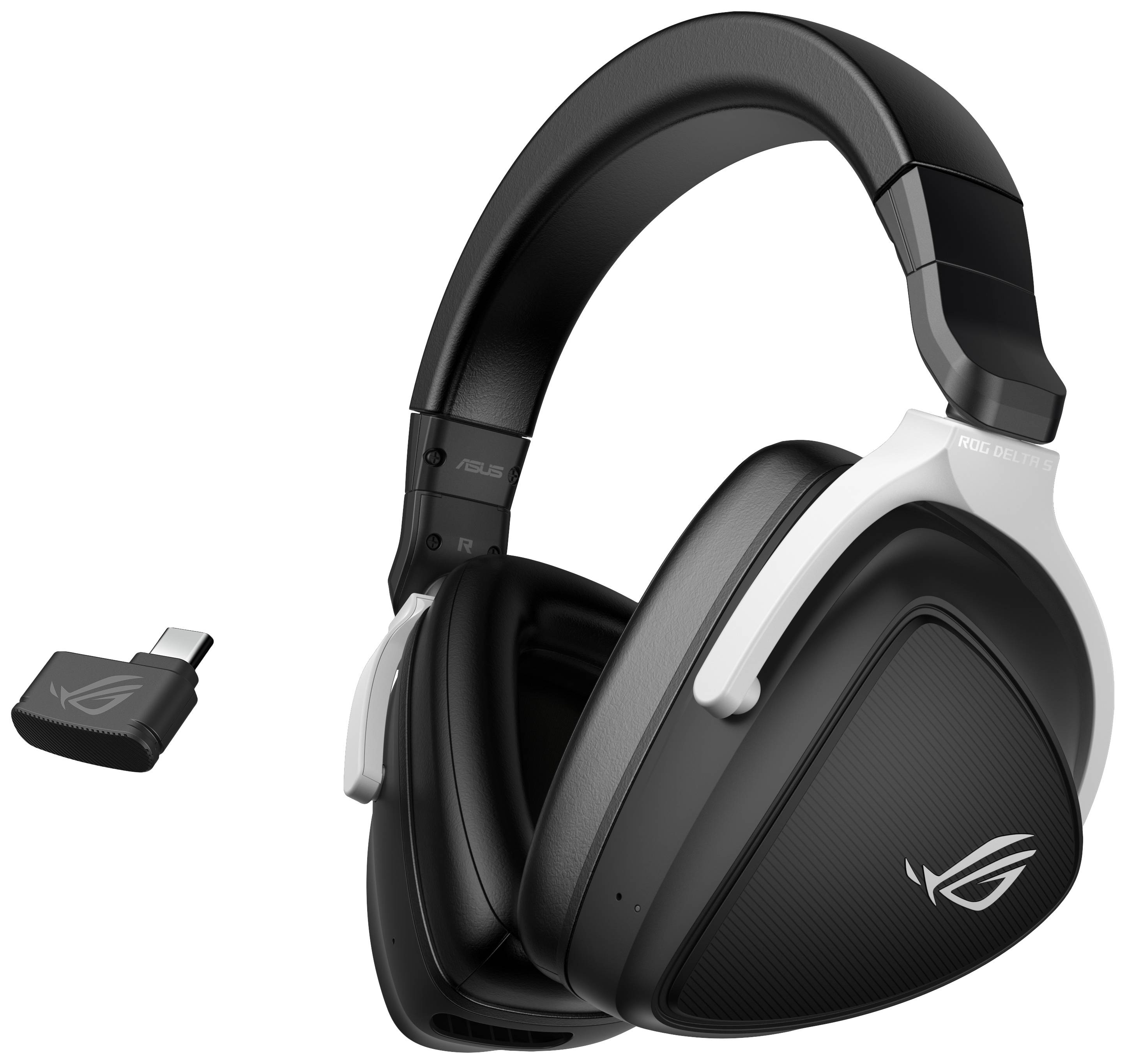 Kabelloses Gaming-Headset mit USB-Adapter, schwarzes Design, gepolsterte Ohrmuscheln, ROG-Logo.