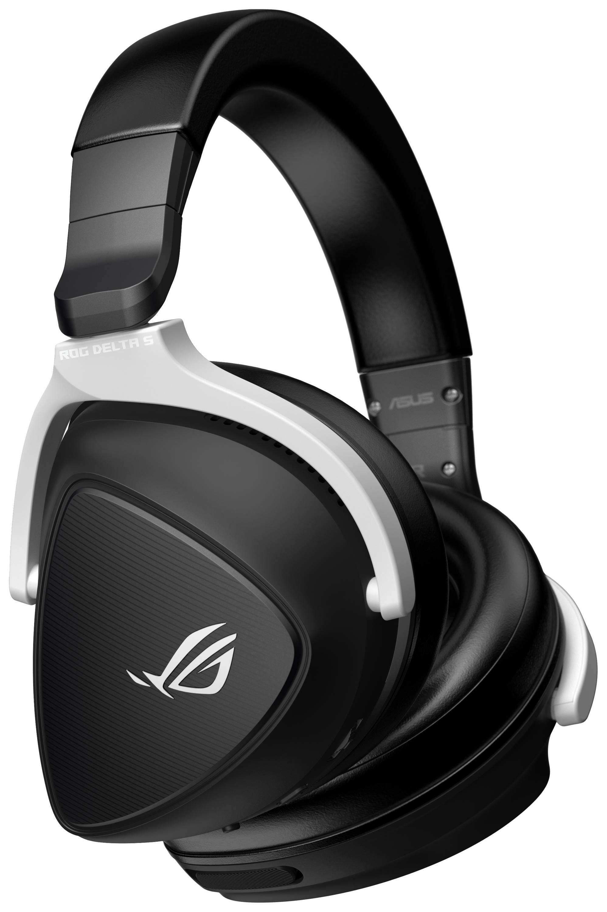 Schwarze Over-Ear-Kopfhörer mit ROG-Logo auf den Ohrmuscheln, silberne Details. Designed für Gaming, hochwertige Klangqualität.