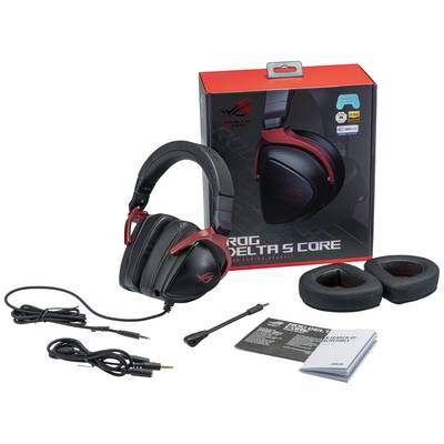 'ROG Delta S Core' Gaming-Headset in Schwarz und Rot, mit abnehmbaren Ohrpolstern, Mikrofon, Kabeln und Bedienungsanleitung vor Verpackung.