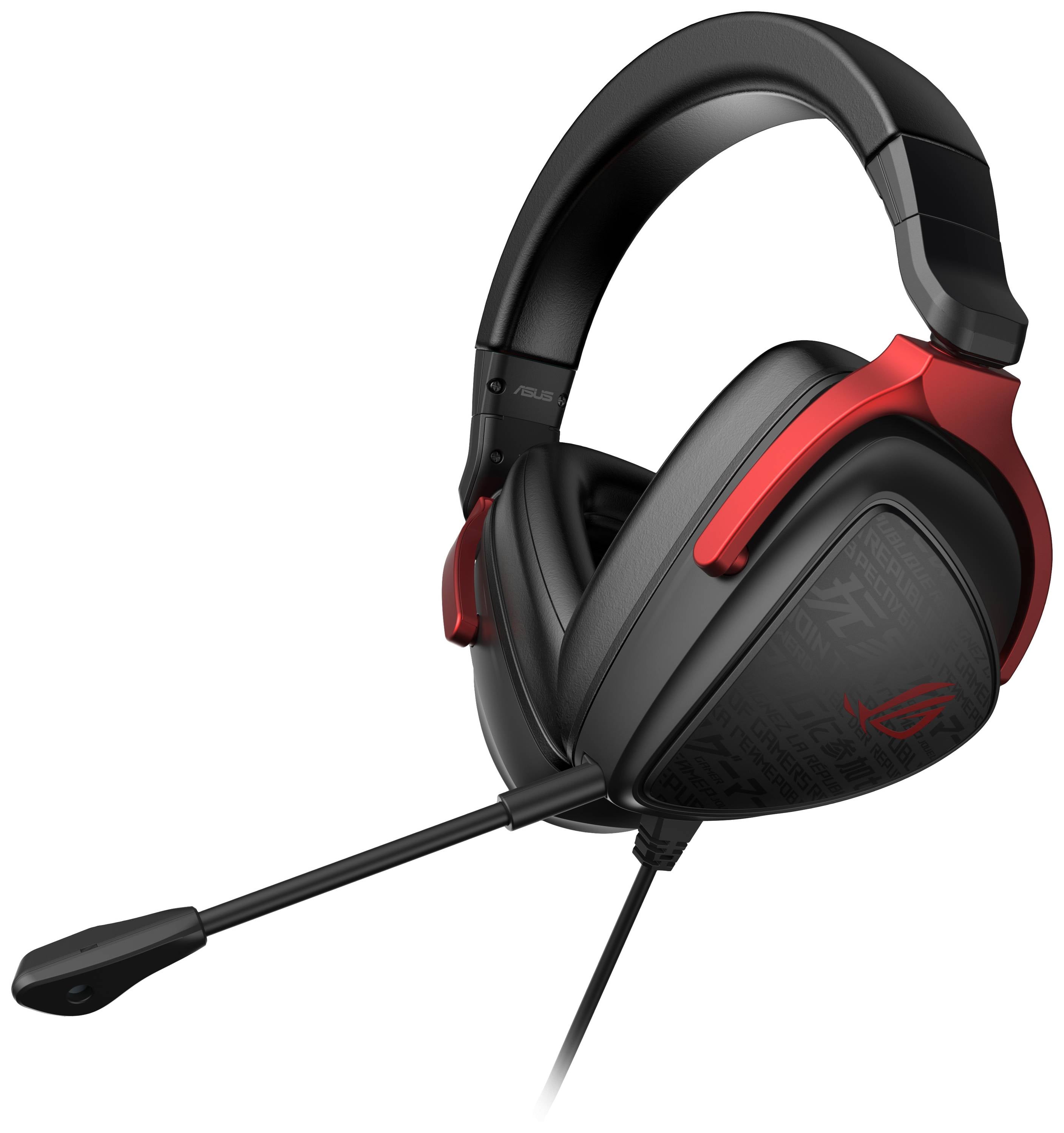 Ein schwarzes und rotes Gaming-Headset mit Mikrofon von ASUS, Modell ROG. Ideal für immersives Spielerlebnis und klare Kommunikation.