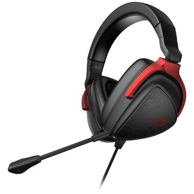 Ein schwarzes und rotes Gaming-Headset mit Mikrofon von ASUS, Modell ROG. Ideal für immersives Spielerlebnis und klare Kommunikation.