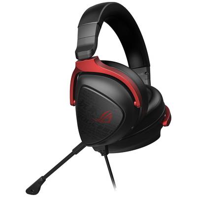 Kopfhörer mit Mikrofon. Schwarzes und rotes Design. Geignet für Gaming und Kommunikation. Links außen verstellbarer Bügel.