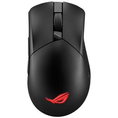 Schwarze Gaming-Maus mit rotem beleuchtetem Logo, Scrollrad und zwei Tasten. Ergonomisches Design für komfortable Nutzung.